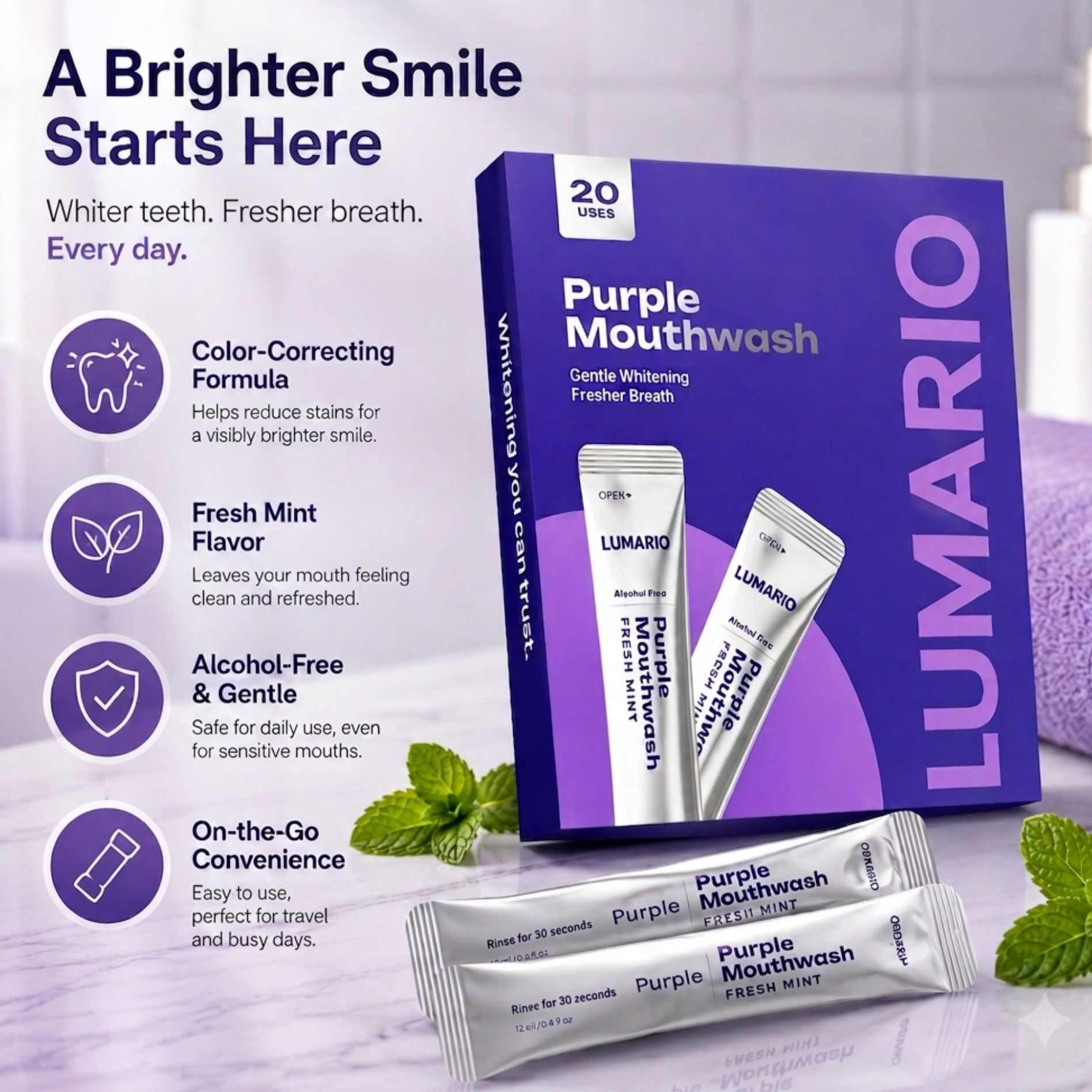 Lumario GlowRinse™ Purple Color-Correcting Mouthwash – Brighter Smile in 30 Seconds